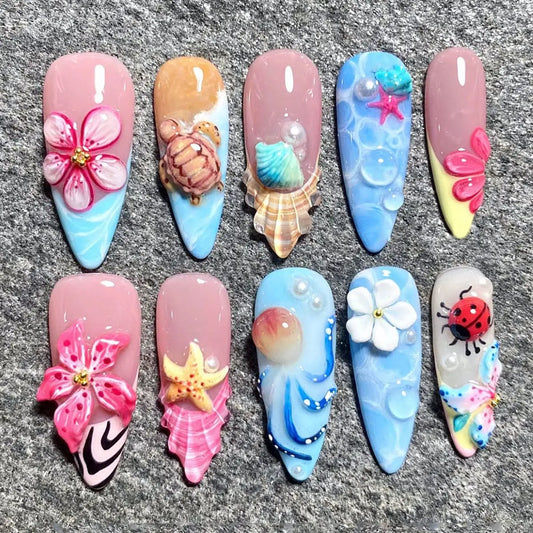24 Long Ocean Floral Theme Sharp Claw Nails with 3D Turtle, Starfish, and Shell Details - Glossy Reusable False Nails Set with Jelly Glue and Nail File