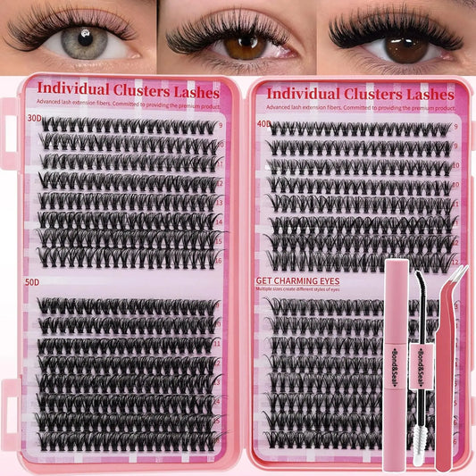Professional Lash Extension Kit: DIY Cluster Lashes with Mixed Tray, Soft Individual Lashes, Lash Bond and Seal, and Precision Tweezers for a Natural Look