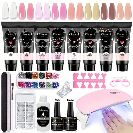 Professional Polymerized Gel Nail Extension Kit: Complete Set with 8 Extension Glue, Nail Lamp, Primer, Wash-Free Seal, Clean Water, Transparent Nail Mold, and Essential Tools for Beginners and Holiday Gifting